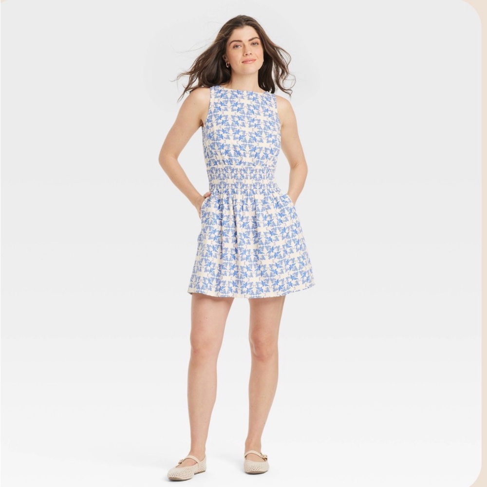 Universal Thread Blue White Bird & Leaf Print Dress Pockets Size Large Coastal
